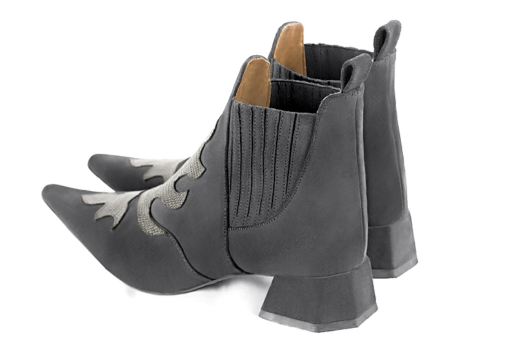 Dark grey women's ankle boots, with elastics. Pointed toe. Low flare heels. Rear view - Florence KOOIJMAN